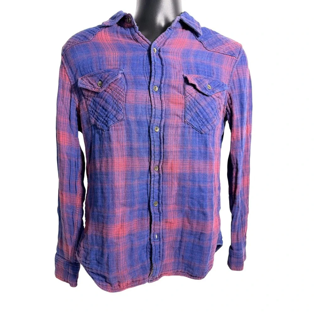 True Religion Shirt Mens Small Blue Red‎ Plaid Flannel Western Slim Long Sleeve